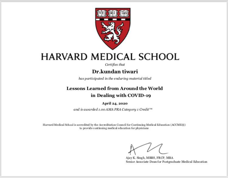 Dr. Kundan tiwary completed the online course on covid 19 by Harvard and who